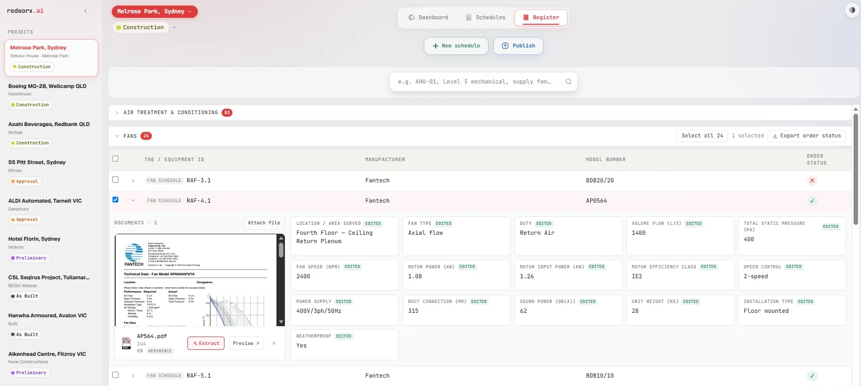 The redworx.ai equipment register: a fan schedule row expanded to show its extracted technical data — airflow, static pressure, motor power, sound power — alongside the Fantech datasheet it was lifted from